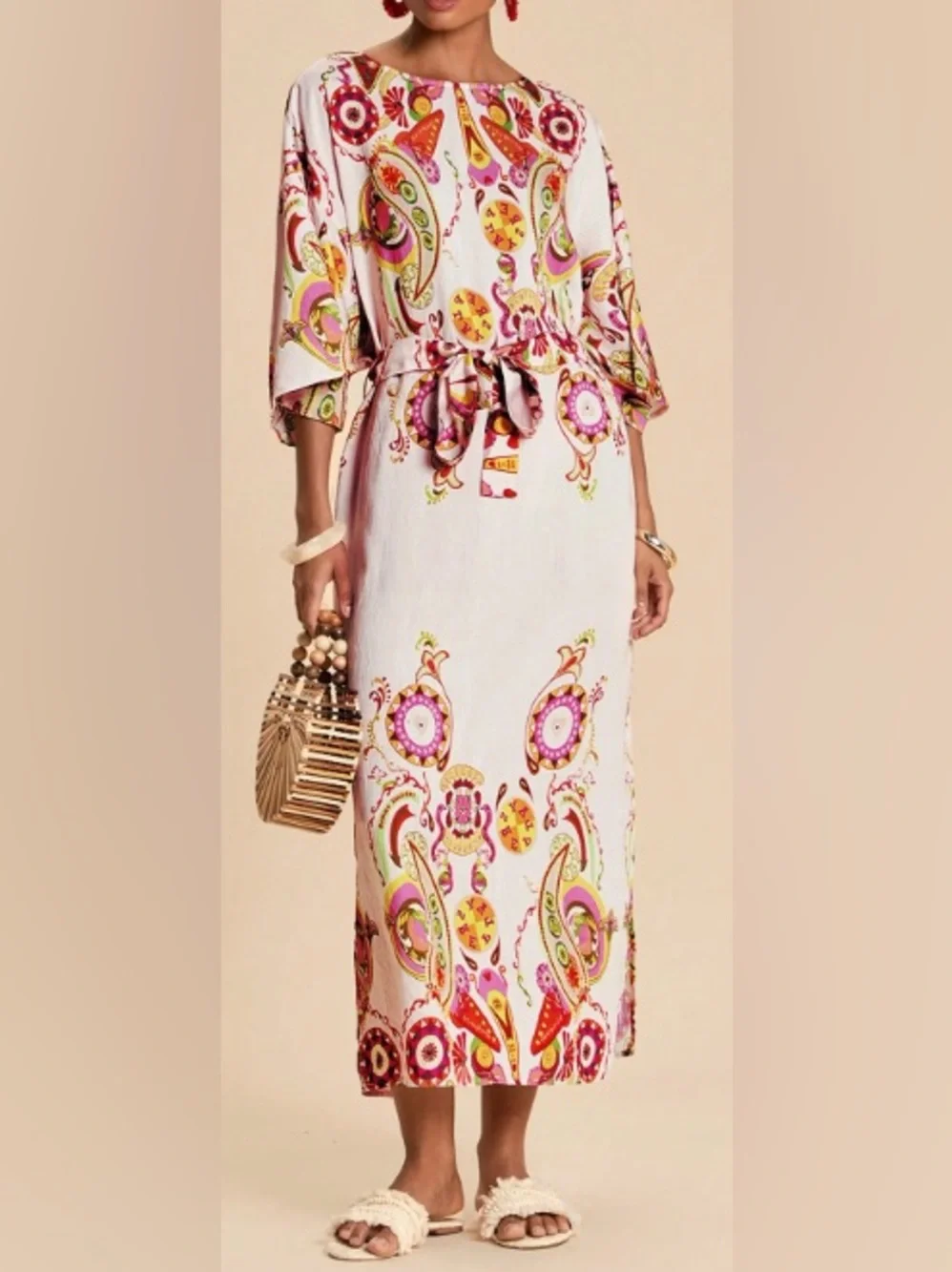 Tie-Waist Midi Dress in White and Pink - US 6 - Picture 1 of 4